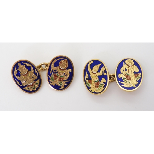 2711 - A PAIR OF 18CT GOLD ENAMELLED CUFFLINKSmanufactured mid-20th century in Bangkok, engraved and enamel... 