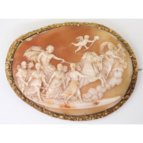 2715 - A LARGE CLASSICAL THEMED CAMEOthe well carved shell cameo depicting Apollo in his horse drawn chario... 