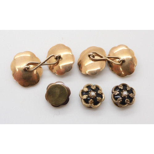 2722 - A VINTAGE SET OF CUFFLINKS AND STUDSmounted in yellow metal, set with black glass and pearls, in ori... 