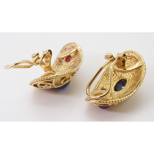 2748 - A PAIR OF 18CT GOLD GEM SET EARRINGSset with cabochon, sapphires and rubies with diamonds set among ... 