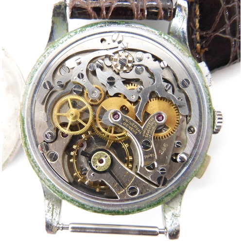 2884 - A UNIVERSAL GENEVE UNI COMPAX GENTS WATCHthe silvered dial with two subsidiary dials, gold coloured ... 