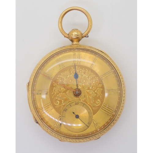 2886 - AN 18CT OPEN FACE POCKET WATCHthe back of the case with floral and geometric engraving, with London ... 