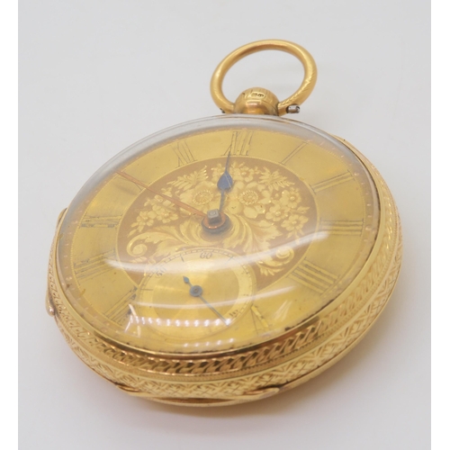 2886 - AN 18CT OPEN FACE POCKET WATCHthe back of the case with floral and geometric engraving, with London ... 