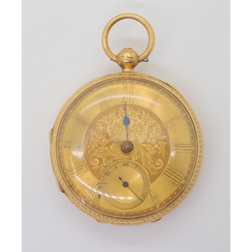 2886 - AN 18CT OPEN FACE POCKET WATCHthe back of the case with floral and geometric engraving, with London ... 