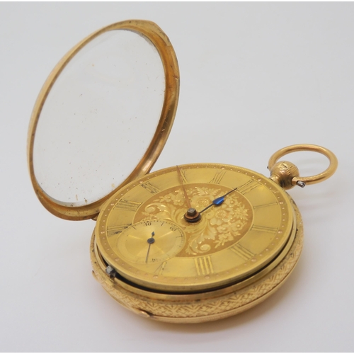 2886 - AN 18CT OPEN FACE POCKET WATCHthe back of the case with floral and geometric engraving, with London ... 