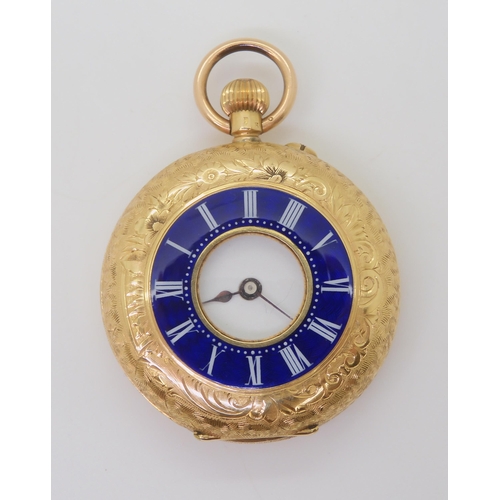 2887 - AN 18CT HALF HUNTER FOB WATCHwith a blue enamel chapter ring with white Roman numerals, all over fol... 