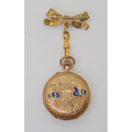 2888 - A 14K GOLD OPEN FACE FOB WATCHwith a decorative French gold transfer patterned dial & blue Roman... 