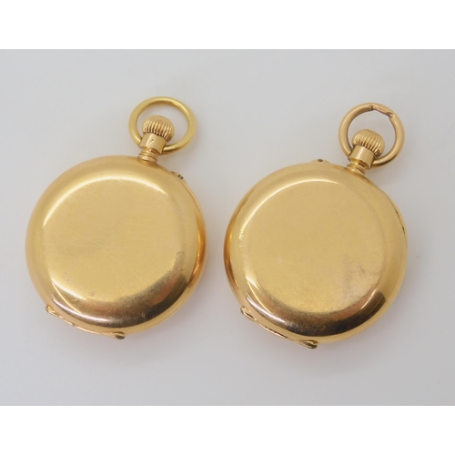 2891 - TWO SIMILAR 18K FOB WATCHESboth with half hunter cases with pink opalescent enamel chapter rings wit... 