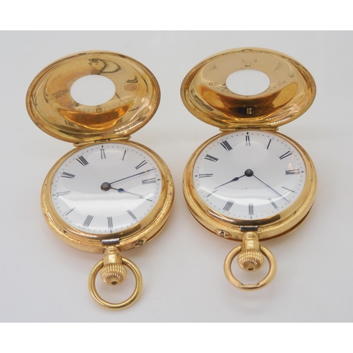 2891 - TWO SIMILAR 18K FOB WATCHESboth with half hunter cases with pink opalescent enamel chapter rings wit... 