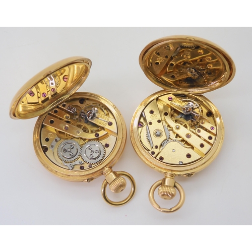 2891 - TWO SIMILAR 18K FOB WATCHESboth with half hunter cases with pink opalescent enamel chapter rings wit... 