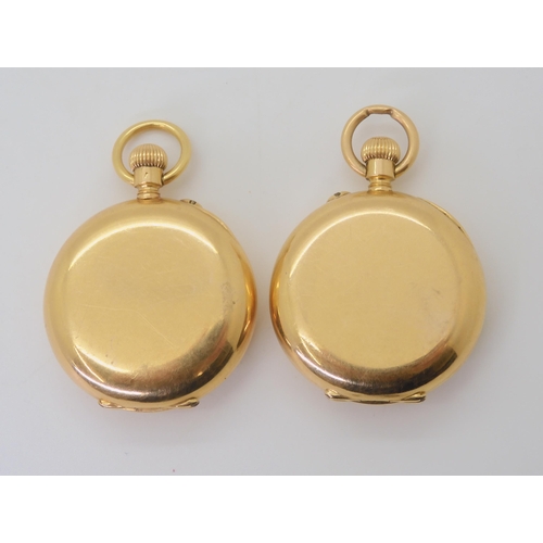 2891 - TWO SIMILAR 18K FOB WATCHESboth with half hunter cases with pink opalescent enamel chapter rings wit... 