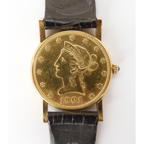 2893 - A CORUM TEN DOLLAR GOLD COIN WATCHthe dial and back of case made from an American 10 Dollar coin dat... 