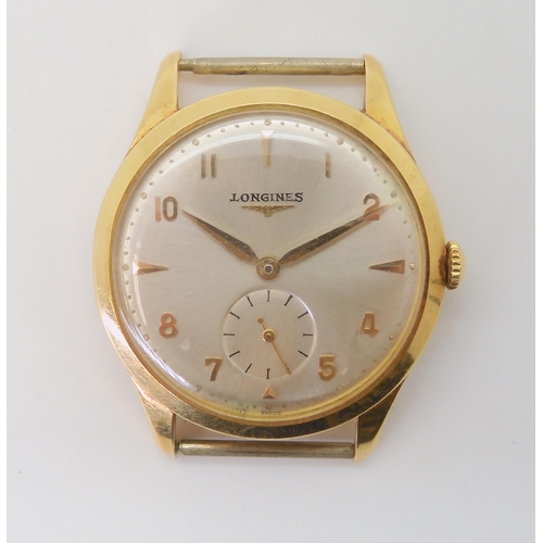 2896 - AN 18CT GOLD LONGINES AUTOMATICwatch head with brushed silvered dial, subsidiary seconds dial, chevr... 