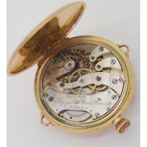 2897 - A CANADIAN 14K GOLD CONVERTED FOB WATCHinto an early wristwatch, made by Ryrie Brothers Toronto, wit... 