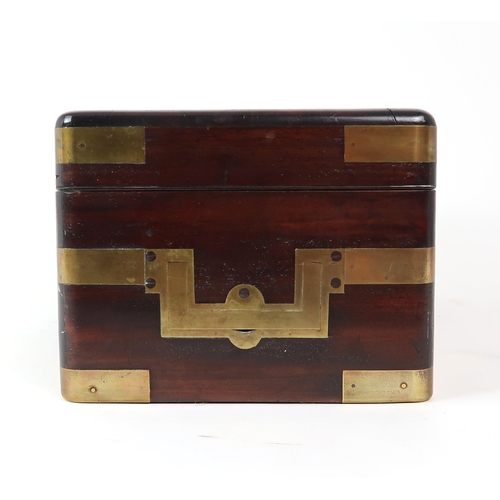 2553 - A VICTORIAN MAHOGANY BRASS-BOUND CAMPAIGN-STYLE BOX BY EDWARDS, LONDONWith recessed handles and inse... 