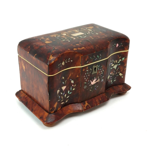 2554 - A 19th CENTURY TORTOISESHELL-VENEERED, MOTHER OF PEARL-INLAID AND IVORY-BANDED TEA CADDYWith domed t... 