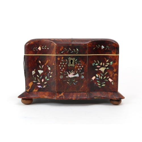 2554 - A 19th CENTURY TORTOISESHELL-VENEERED, MOTHER OF PEARL-INLAID AND IVORY-BANDED TEA CADDYWith domed t... 