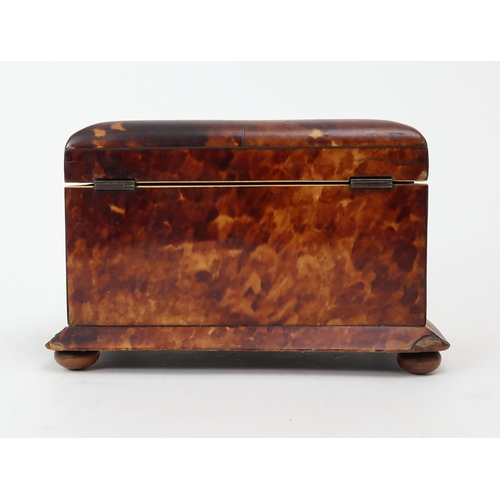 2554 - A 19th CENTURY TORTOISESHELL-VENEERED, MOTHER OF PEARL-INLAID AND IVORY-BANDED TEA CADDYWith domed t... 