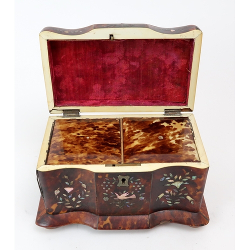 2554 - A 19th CENTURY TORTOISESHELL-VENEERED, MOTHER OF PEARL-INLAID AND IVORY-BANDED TEA CADDYWith domed t... 