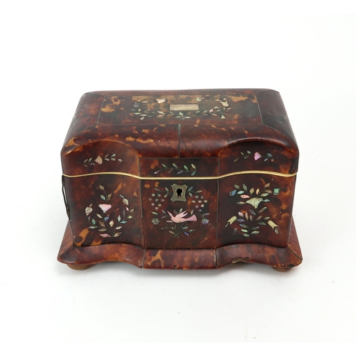 2554 - A 19th CENTURY TORTOISESHELL-VENEERED, MOTHER OF PEARL-INLAID AND IVORY-BANDED TEA CADDYWith domed t... 