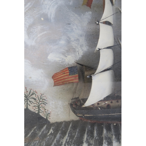 2565 - A LATE-19th CENTURY DIORAMA OF A THREE-MASTED SAILING SHIPFlying an American ensign, the mast painte... 