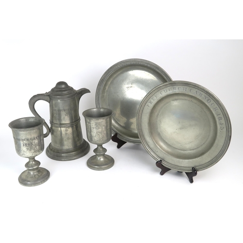 2570 - A VICTORIAN PEWTER COMMUNION SETComprised of flagon (standing approx. 30.5cm in height), two chalice... 