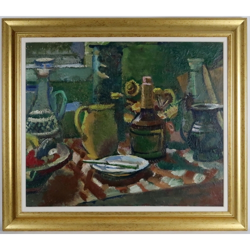 2923 - SCOTTISH SCHOOL (CONTEMPORARY)TABLETOP STILL LIFE, SUNFLOWERSOil on board, 63 x 75cm (24.75 x 29.5