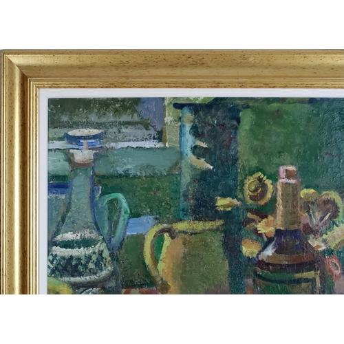 2923 - SCOTTISH SCHOOL (CONTEMPORARY)TABLETOP STILL LIFE, SUNFLOWERSOil on board, 63 x 75cm (24.75 x 29.5