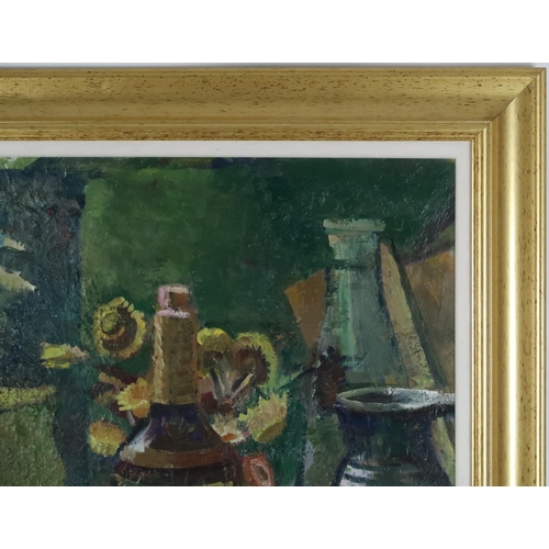 2923 - SCOTTISH SCHOOL (CONTEMPORARY)TABLETOP STILL LIFE, SUNFLOWERSOil on board, 63 x 75cm (24.75 x 29.5