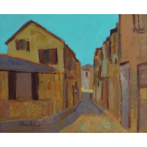 2926 - GEORGE DEVLIN RSW RGI (SCOTTISH 1937-2014)A Continental village streetOil on canvas laid on board, s... 