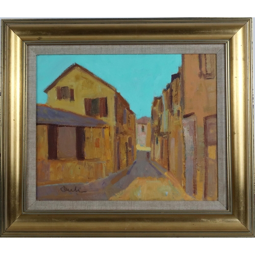 2926 - GEORGE DEVLIN RSW RGI (SCOTTISH 1937-2014)A Continental village streetOil on canvas laid on board, s... 