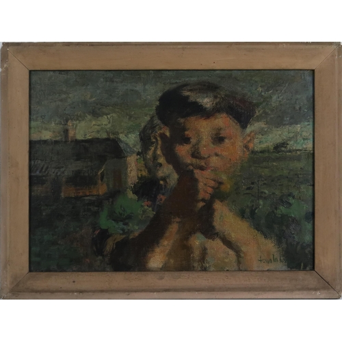 2935 - DAVID DONALDSON RSA LLD (SCOTTISH 1916-1996)BOY EATING AN APPLE Oil on canvas, signed lower right, 2... 