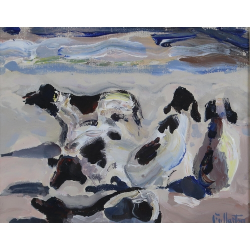 2942 - JAMES FULLARTON (SCOTTISH, b.1946)STUDY OF A SPOTTED DOGAcrylic on canvasboard, signed lower right, ... 