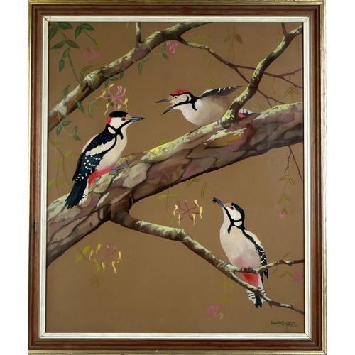 2972 - RALSTON GUDGEON RSW (SCOTTISH 1910-1984)GREAT SPOTTED WOODPECKERSWatercolour and bodycolour on brown... 