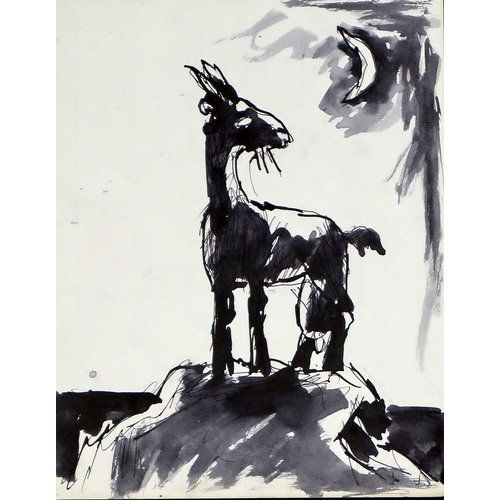 2977 - JOSEF HERMAN OBE RA (BRITISH 1911-2000)GOAT AND MOONInk and wash, 25 x 20cm (9.75 x 7.75