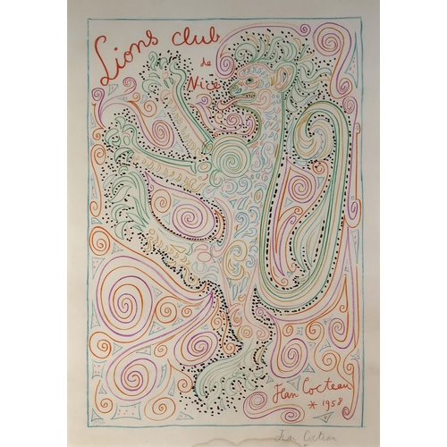 2985 - JEAN COCTEAU (FRENCH 1889-1963)LIONS CLUB 1958Lithograph, signed lower left, numbered 149/150 in pen... 