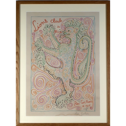 2985 - JEAN COCTEAU (FRENCH 1889-1963)LIONS CLUB 1958Lithograph, signed lower left, numbered 149/150 in pen... 