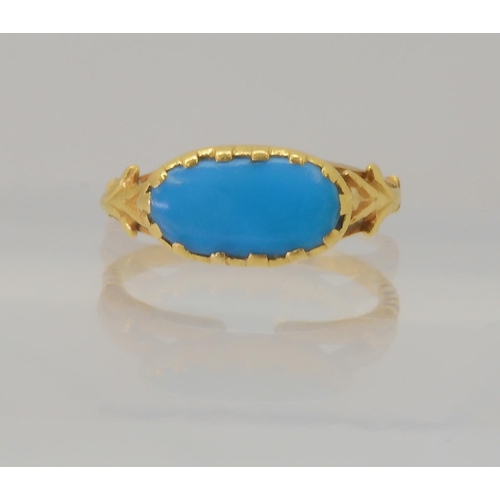 2800 - AN OF THE ANTIQUE RINGmade in bright yellow metal and set with a turquoise of approx 11mm x 6mm, fin... 