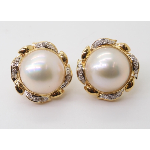 2758 - 18CT GOLD MABE PEARL EARRINGSfurther set with diamond details to the leaf pattern mounts, mabe pearl... 