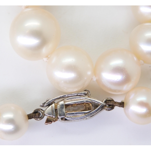 2760 - PEARLS WITH A MARQUIS DIAMOND CLASPthe pearls with a good lustre taper in size from 9mm to 6.6mm, th... 