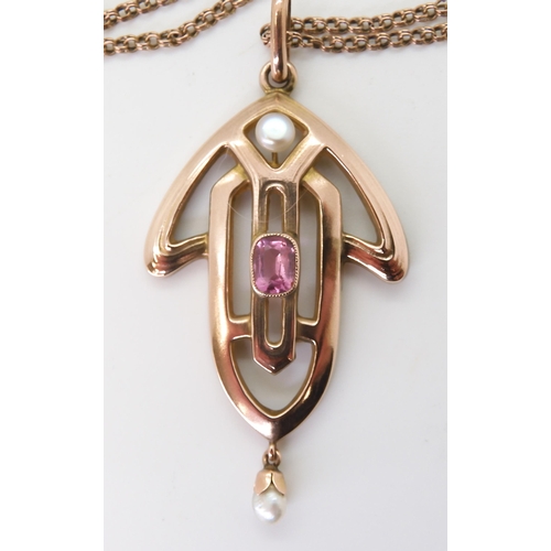 2773 - AN EDWARDIAN ROSE GOLD PENDANTset with pearl & pink tourmaline, stamped indistinctly 9ct, with t... 