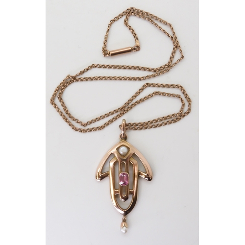 2773 - AN EDWARDIAN ROSE GOLD PENDANTset with pearl & pink tourmaline, stamped indistinctly 9ct, with t... 