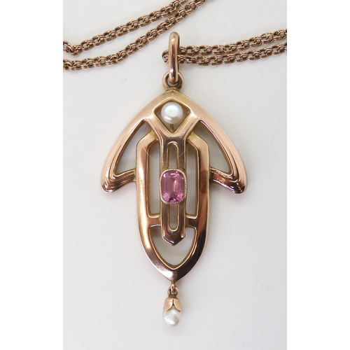 2773 - AN EDWARDIAN ROSE GOLD PENDANTset with pearl & pink tourmaline, stamped indistinctly 9ct, with t... 