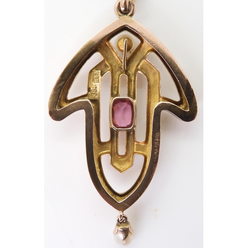 2773 - AN EDWARDIAN ROSE GOLD PENDANTset with pearl & pink tourmaline, stamped indistinctly 9ct, with t... 