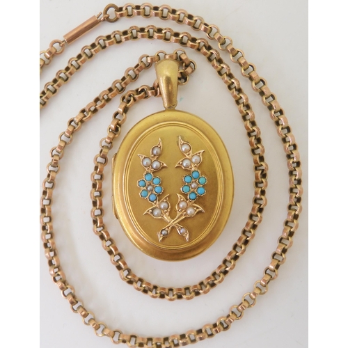 2806 - A FORGET-ME-NOT LOCKETthe bright yellow metal locket is set with pearl and turquoise forget-me-not f... 