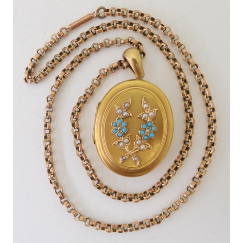 2806 - A FORGET-ME-NOT LOCKETthe bright yellow metal locket is set with pearl and turquoise forget-me-not f... 