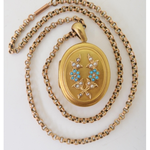 2806 - A FORGET-ME-NOT LOCKETthe bright yellow metal locket is set with pearl and turquoise forget-me-not f... 