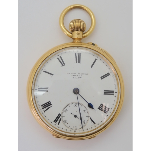 2901 - AN 18CT GOLD OPEN FACE POCKET WATCHThe white enamel dial and mechanism are both signed Bryer & S... 