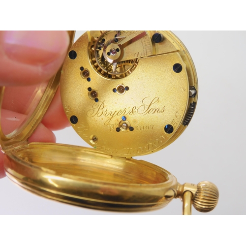 2901 - AN 18CT GOLD OPEN FACE POCKET WATCHThe white enamel dial and mechanism are both signed Bryer & S... 