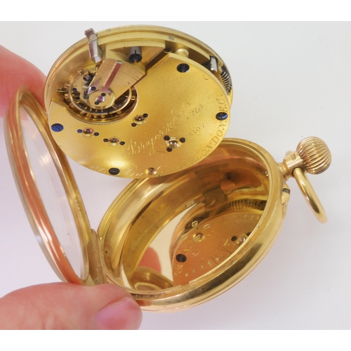 2901 - AN 18CT GOLD OPEN FACE POCKET WATCHThe white enamel dial and mechanism are both signed Bryer & S... 